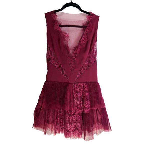 Free People Burgundy Lace Mini Dress Women’s Size 0 Sleeveless Boho - Picture 2 of 8